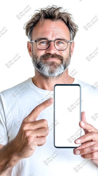An image of a man holding a smartphone with a completely white screen, pointing at the phone. The man is wearing glasses, a white t-shirt, and has a beard and light hair. The background is white.