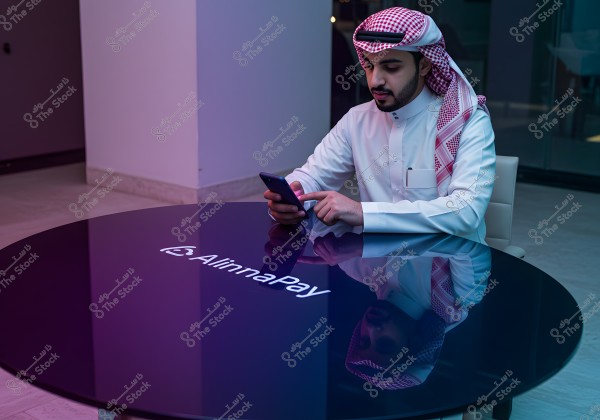 An image of a man sitting at a round table with an \"Alinma Pay\" logo. He is wearing traditional Saudi attire consisting of a white thobe and a red-checkered headscarf. He appears to be focused on a mobile phone in his hand.