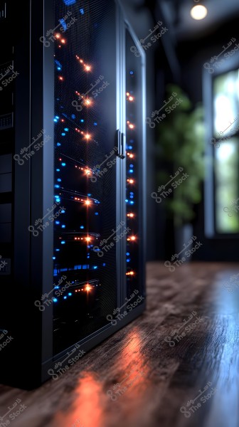Image of a server cabinet in a room featuring multiple racks with illuminated blue and orange lights. The light reflects on a shiny wooden floor, and the room appears dim with natural light coming from a window.