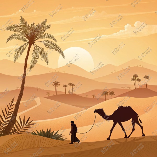 رسم توضيحي لصحراء شاسعة خلال الغروب, تظهر فيها تلال رملية وسماء برتقالية مع شمس منخفضة على الأفق. يوجد شخص يرتدي لباسًا تقليديًا بجانب جمل يسير بهدوء. تزين النخيل المناظر الطبيعية, مضيفة لمسة من الجمال الطبيعي.