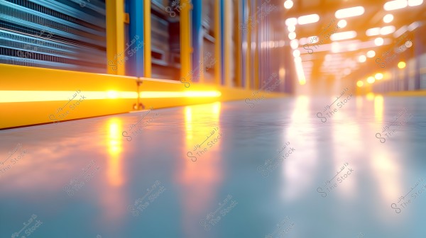 Image of a corridor inside an industrial facility or warehouse, featuring the glow of orange and blue lights reflecting off the shiny floor. In the background, a structure resembling shelves is visible, with bright lighting providing a sense of depth and modernity in the design.