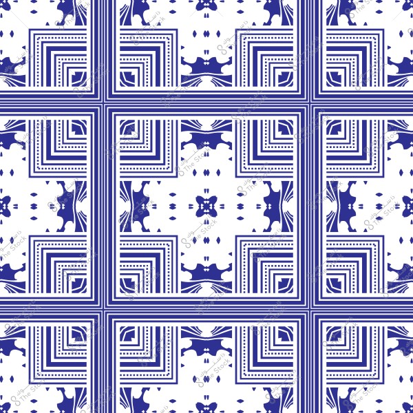 نمط هندسي مكرر باللونين الأزرق والأبيض, يتكون من أشكال مربعة وحدود متكررة, تتخللها تصميمات زخرفية صغيرة. النمط يوحي بتصميم تقليدي أو ثقافي.