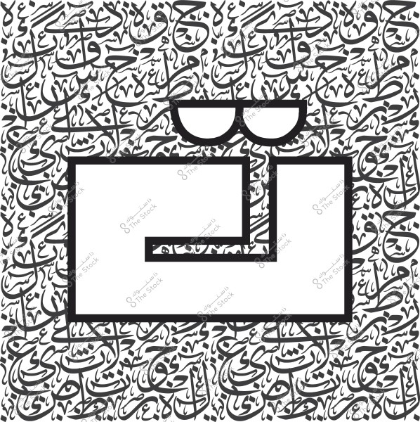 صورة تحتوي على خلفية مليئة بالنصوص العربية المزخرفة. في المقدمة, يوجد شكل هندسي كبير يشبه العينين عبارة عن مستطيل متصل بأشكال دائرية في الأعلى.