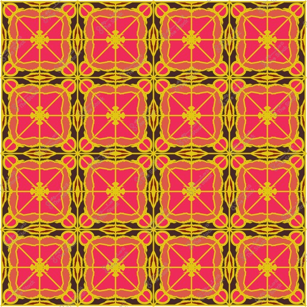 Colorful decorative pattern with repeating geometric shapes in red and yellow.