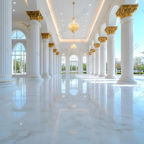 An image of an opulent, spacious hall with large white and golden columns reaching the ceiling. The columns have ornate capitals, and luxurious chandeliers hang from the ceiling. The space features a shiny marble floor, and the walls have arched glass windows offering a view of an outdoor garden.