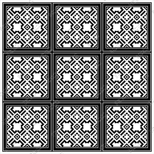 Black and white tile design with a repeating geometric pattern.