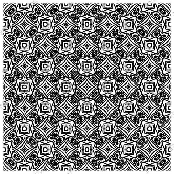 Black and white decorative pattern with repeating geometric shapes resembling flowers or stars.