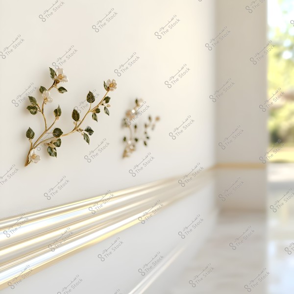 A decorative bronze branch with white flowers and green leaves mounted on a light-colored painted interior wall. The wall is adorned with shiny gold lines, and the background shows natural light entering from a window, creating a sense of warmth and brightness.