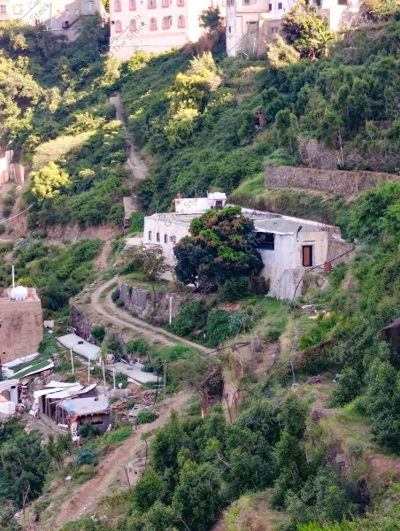 An image of a natural landscape in a green mountainous area. The picture shows traditional houses built on the hills, surrounded by dense vegetation and trees. A winding path appears to connect the various homes. The scene reflects the traditional rural architectural style in a mountainous region.
