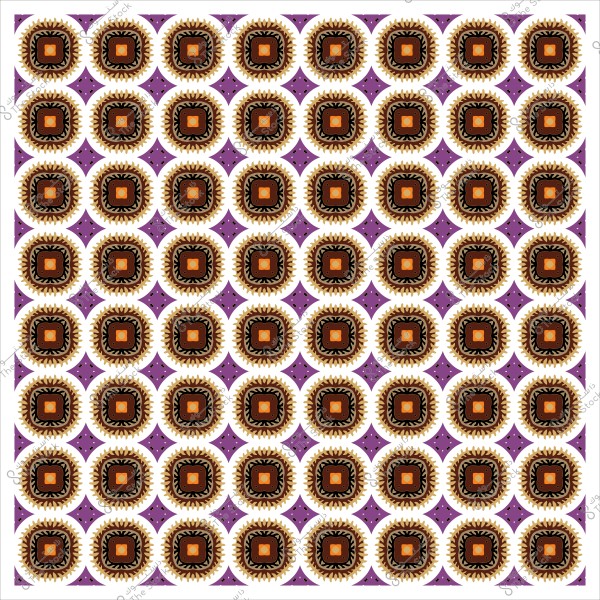 نمط زخرفي هندسي مكون من مربعات برتقالية وبنية محاطة بدوائر مزخرفة بفروع سوداء وذهبية, مع وجود أشكال ماسية بنفسجية في الخلفية.
