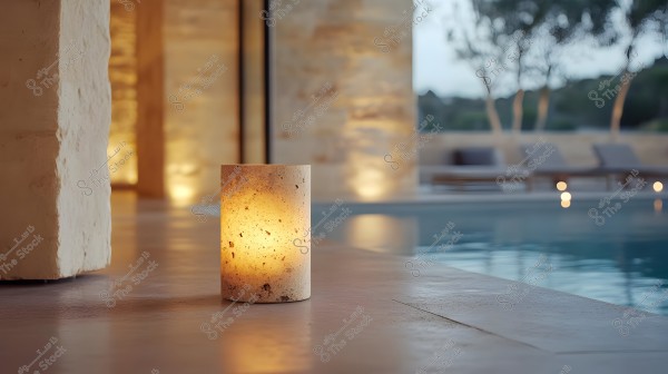 An image showing a lit candle on a surface next to a swimming pool. The stone wall and outdoor seating with blurred green trees in the background add a serene and elegant ambiance to the scene during sunset or evening hours.