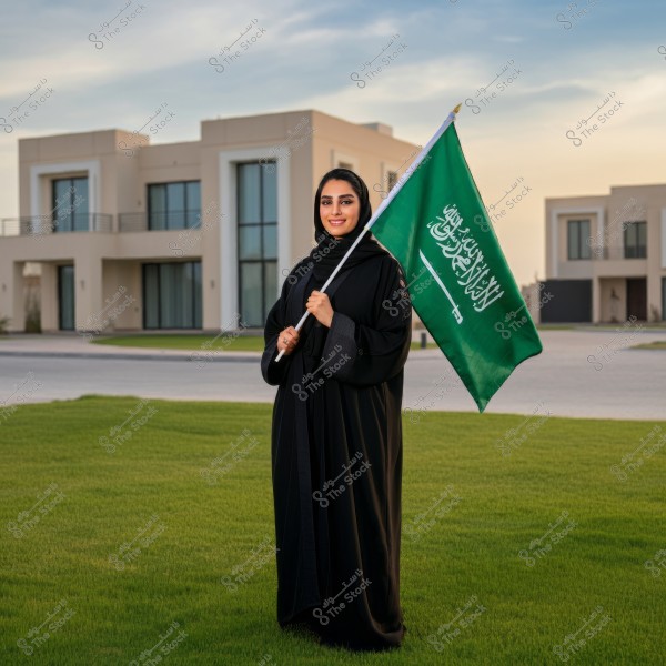 An image of a woman wearing a black abaya standing on grass in front of modern buildings. She is holding the green flag of Saudi Arabia, displaying the national emblem. The sky is clear with some wispy clouds.