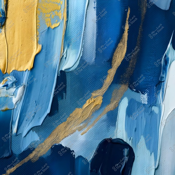 An abstract painting with vibrant colors featuring shades of blue and gold, along with hints of white. The colors are blended in a fluid manner, creating rich textural effects. The gold appears in striking lines on a deep and overlapping blue background, imparting a sense of movement and dynamism.