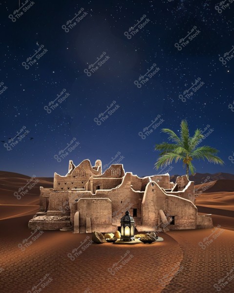 A night scene depicting a traditional building in the middle of a desert. The sky is filled with stars, showcasing distinctive constellations. Beside the building, there is a palm tree and an area lit by a decorative traditional lantern, with some fruits like dates and coconuts placed on the ground.