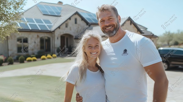 Image of a man and woman smiling in front of a modern house with solar panels on the roof. Both the man and the woman are wearing white t-shirts and appear happy. The front yard is neatly landscaped with shrubs and flowers.