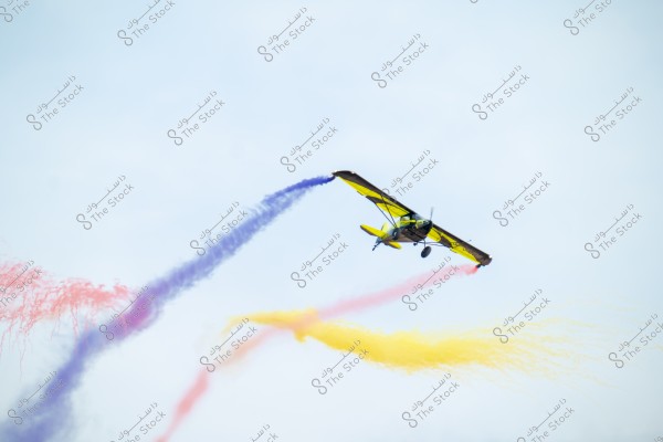 A small yellow high-wing aircraft flying in the clear sky, emitting colorful smoke in three shades: purple, pink, and yellow, creating beautiful trails behind it.