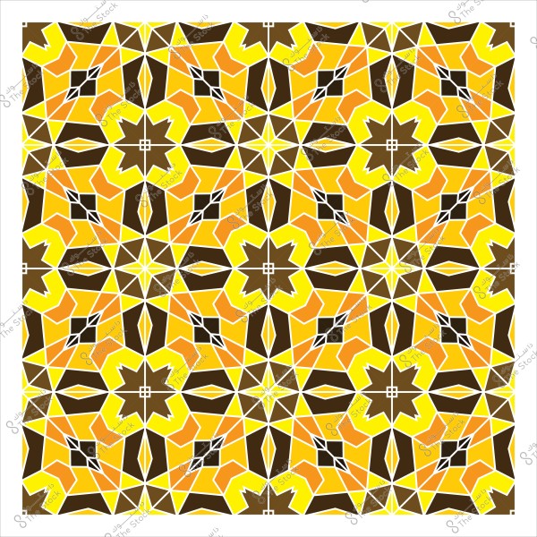 نمط هندسي مزخرف يتكون من أشكال هندسية متماثلة تتكرر بلوحة من الألوان الدافئة تشمل الأصفر والبرتقالي والبني. التصميم مستوحى من الفن الإسلامي التقليدي المعروف بالتناسق والتكرار, حيث تتشكل أزهار وأشكال نجمية تتداخل بانسجام.

-