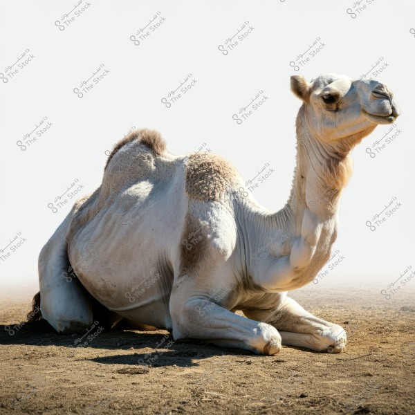 Image of a camel resting on the sand in an open desert. The camel is shown clearly, with a white and light brown coat and a large body. The background is blurry and filled with sand, highlighting the clear details of the camel in the foreground.