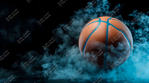 An orange basketball surrounded by blue smoke against a black background. The leather texture and distinctive grooves of the ball are clearly visible, while the mysterious smoke swirls around it, adding a dynamic feel to the image.