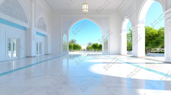 An image depicting an arched corridor in an Islamic-style architectural structure resembling a mosque, featuring large white columns and intricate architectural engravings on the arches. The floor is covered with glossy white marble with blue lines, and the space is lit by bright natural lighting. In the background, there is an outdoor courtyard with green palm trees and a clear blue sky.