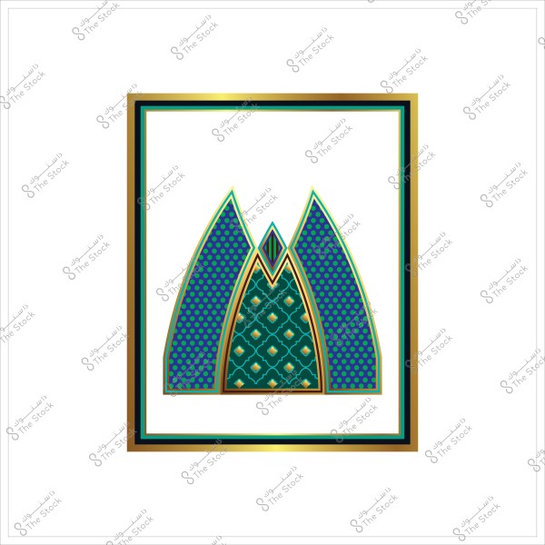 تصميم هندسي مزخرف بأشكال متداخلة بألوان زرقاء وخضراء مع إطارات ذهبية.