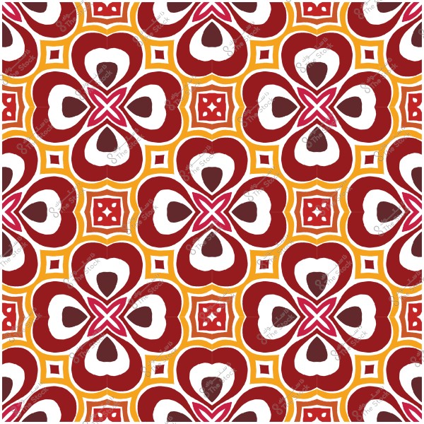 Colorful decorative pattern featuring repeated geometric shapes in red, orange, and white.