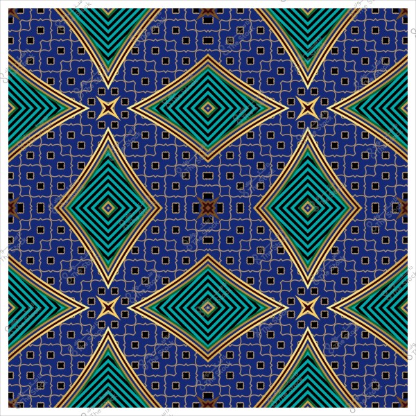 نمط هندسي متماثل بالأزرق والذهبي والأخضر بتصميم يشبه الألماس.