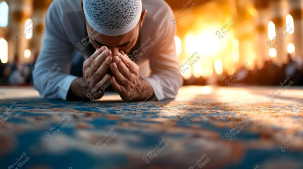 A man wearing a white shirt and a traditional embroidered cap with black letters, prostrating in a mosque illuminated by warm lighting. The carpet beneath him is patterned with blue and orange designs. The background features a glow from lights and a shallow depth of field, adding a spiritual atmosphere to the scene.