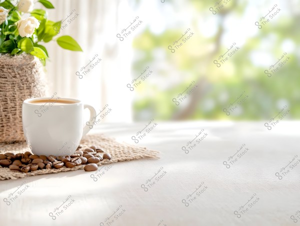 A cup of coffee on a white table with coffee beans scattered around it, next to a burlap vase containing white flowers and green leaves. The background features natural daylight with a blurred outdoor view.