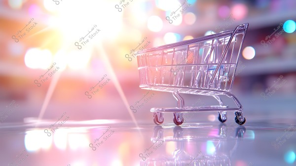 An empty metal shopping cart on a shiny floor in a mall or supermarket. The background features blurred multicolored lights, giving the image a bright and glowing appearance.