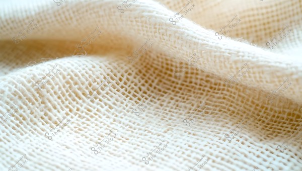 Close-up image of a coarse beige fabric, showing detailed knitting with interwoven threads and a wavy texture of the material.