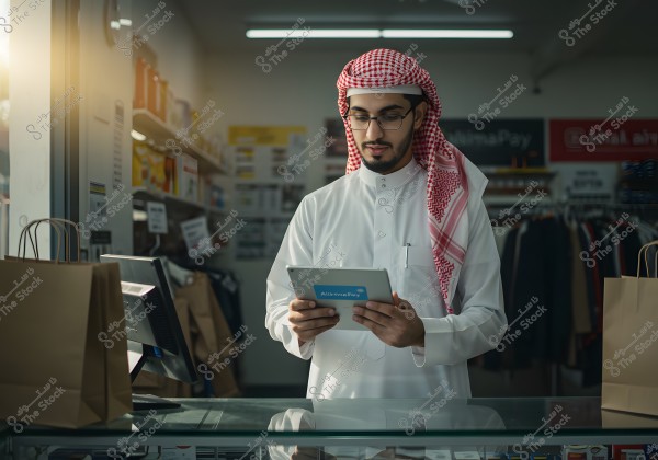 Image of a man standing inside a small shop, wearing glasses and holding a tablet device. Shelves with various goods and advertising signs are visible in the background. There are paper bags on a glass surface in the foreground, and light is shining into the shop from outside.
