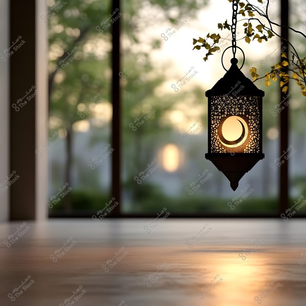 A metal lantern with intricate designs, featuring a crescent moon inside, illuminated by a warm light. In the background, a serene natural scene of trees with soft sunlight filtering through them, seen through a large window.