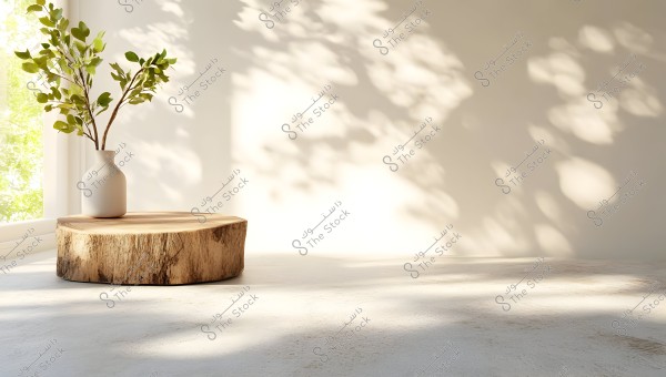 An image showing a branch of leaves in a white vase placed on a circular wooden surface with natural lighting. Shadows dance on the wall, and the elegant, simple background adds a touch of serenity to the scene.