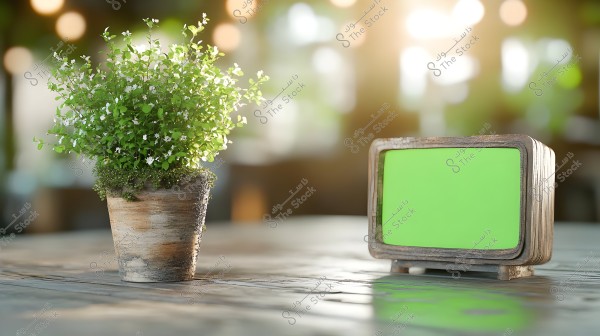 An image of a wooden table in natural light, featuring a wooden plant pot holding a plant with green leaves and small white flowers. Next to the pot, there is a wooden frame with a blank green panel.