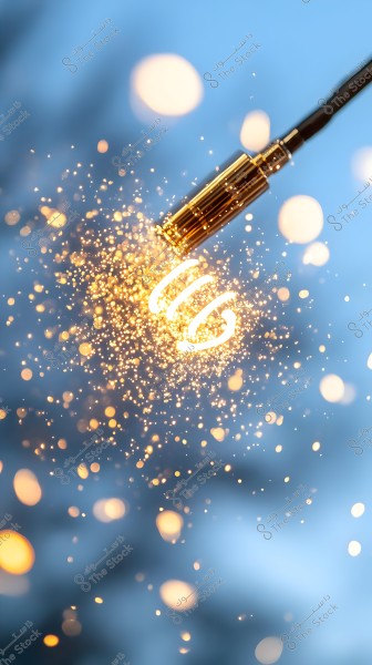 The image shows a blurred blue background with sparkling effects emanating from a glowing wire resembling a golden filament at the top. The sparkles create a beautiful and luminous effect.