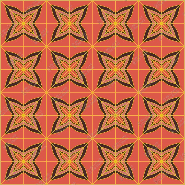 نمط زخرفي مكرر يتكون من أشكال زهرية بنية وذهبية على خلفية برتقالية.