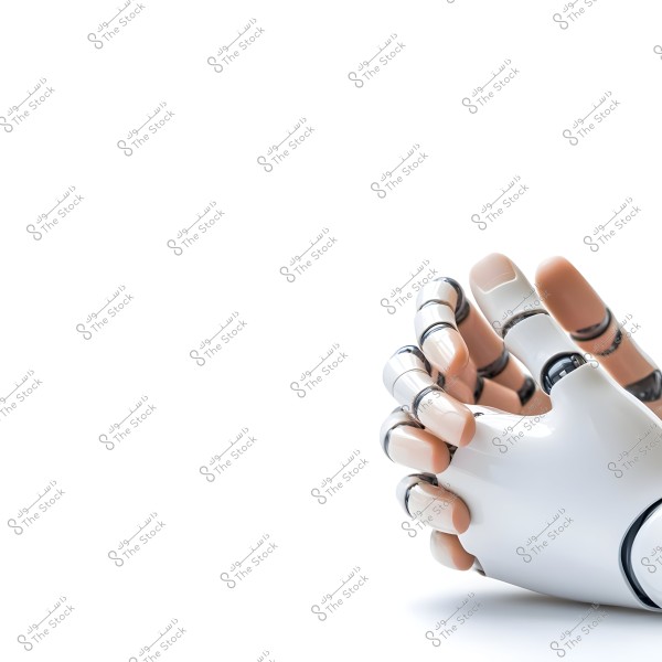 An image of a robotic hand in white and black, with interlocking metallic fingers. The hand is designed in an advanced and realistic style, resting on a white surface, made of materials that reflect light smoothly.