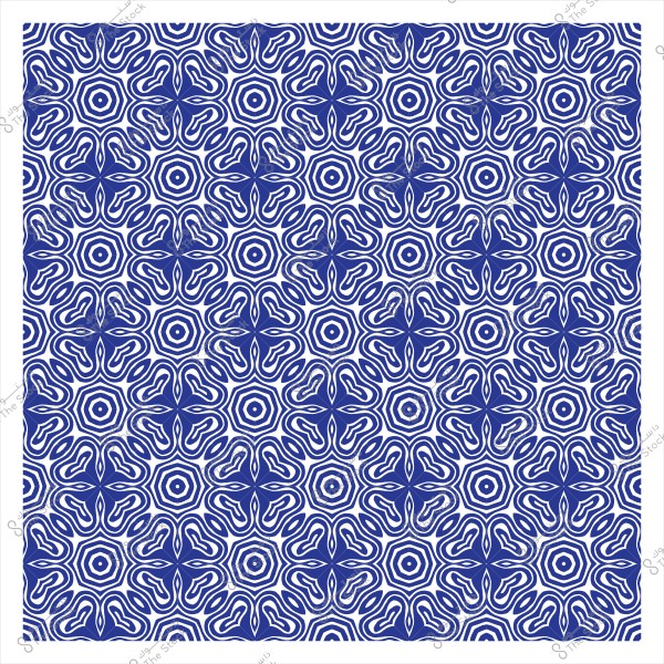 A complex blue and white geometric pattern with repeating shapes and symmetrical designs.