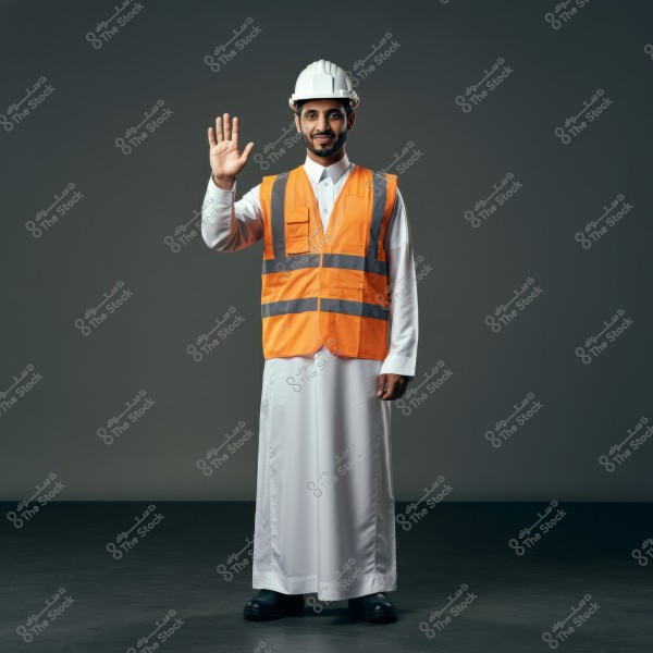 A man wearing a safety helmet and an orange reflective vest stands smiling with his hand raised in a greeting gesture. The man is dressed in a white thobe and black shoes, suggesting he is from the Gulf region.