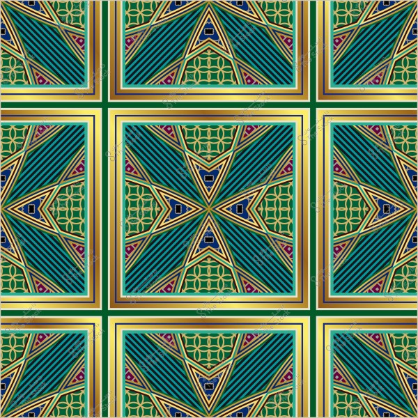 نقش هندسي متقاطع بألوان زاهية تشمل الأخضر والأزرق والذهبي.