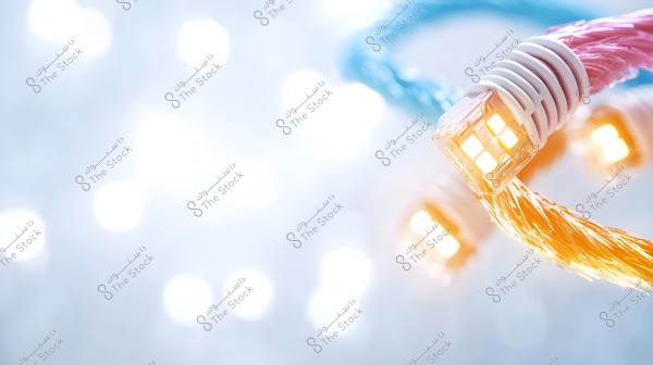 An image showing brightly colored glowing internet cables in the foreground. The front cable glows in orange and angles towards the right, while another blue cable appears in the background. The backdrop is blurred with cool lights, creating a futuristic effect.