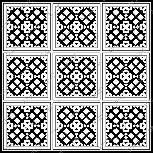 نمط زخرفي هندسي أبيض وأسود يظهر في مجموعة من البلاط المتكرر بتصميم متناسق.