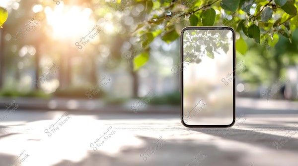 A smartphone with a transparent screen appears to blend with the surrounding nature, as green leaves from the background merge with the phone screen. The scene features natural lighting with sunlight shining through the trees, creating soft shadows on the ground.