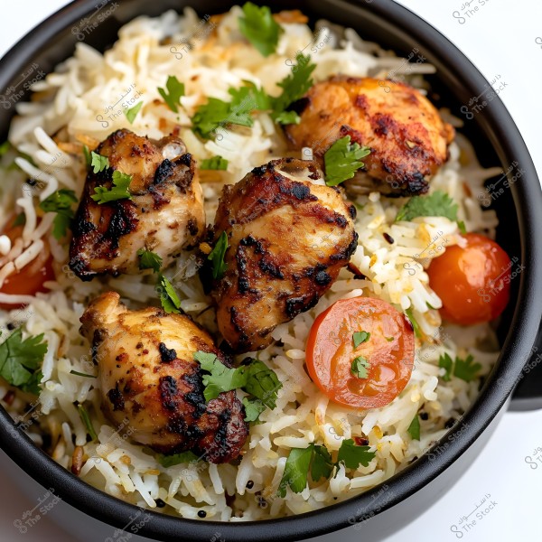 An image of a dish featuring rice with pieces of grilled chicken, garnished with cilantro leaves and cherry tomato slices. The dish is presented in a dark-colored bowl.