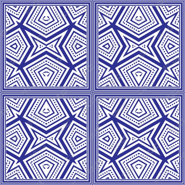 Geometric pattern with a repeating design, consisting of four squares featuring interlocking star shapes in blue and white. Each square is framed by multiple parallel line borders, enhancing the visual effect.