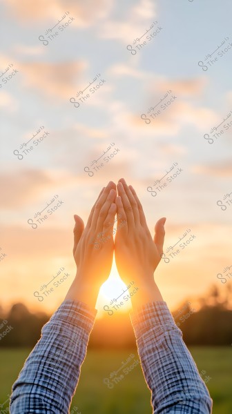 Image of hands raised towards the sky, wearing a patterned shirt, with a background of a blue sky and sunrise or sunset colors.