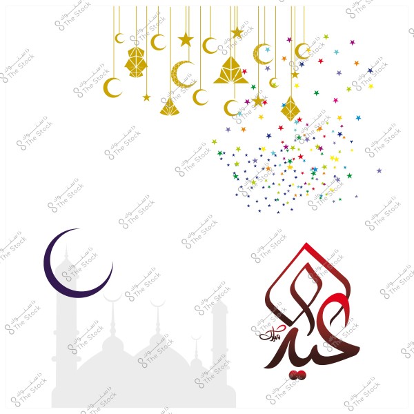 Eid greeting card design with a mosque, crescent moons, stars, and the phrase "Eid Mubarak" in Arabic.