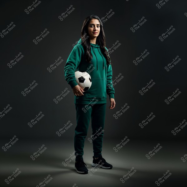 A portrait of a woman standing in a dark studio wearing a green tracksuit, holding a soccer ball under her arm. She has long straight hair and her attire appears comfortable and sporty. The surroundings are dark with the light focused on her.
