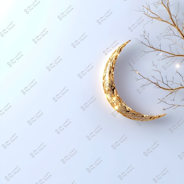 An image featuring a clean white background with a glowing golden crescent moon, adorned with shimmering details for an elegant appearance. On the right side of the image, there are delicate golden branches without leaves.